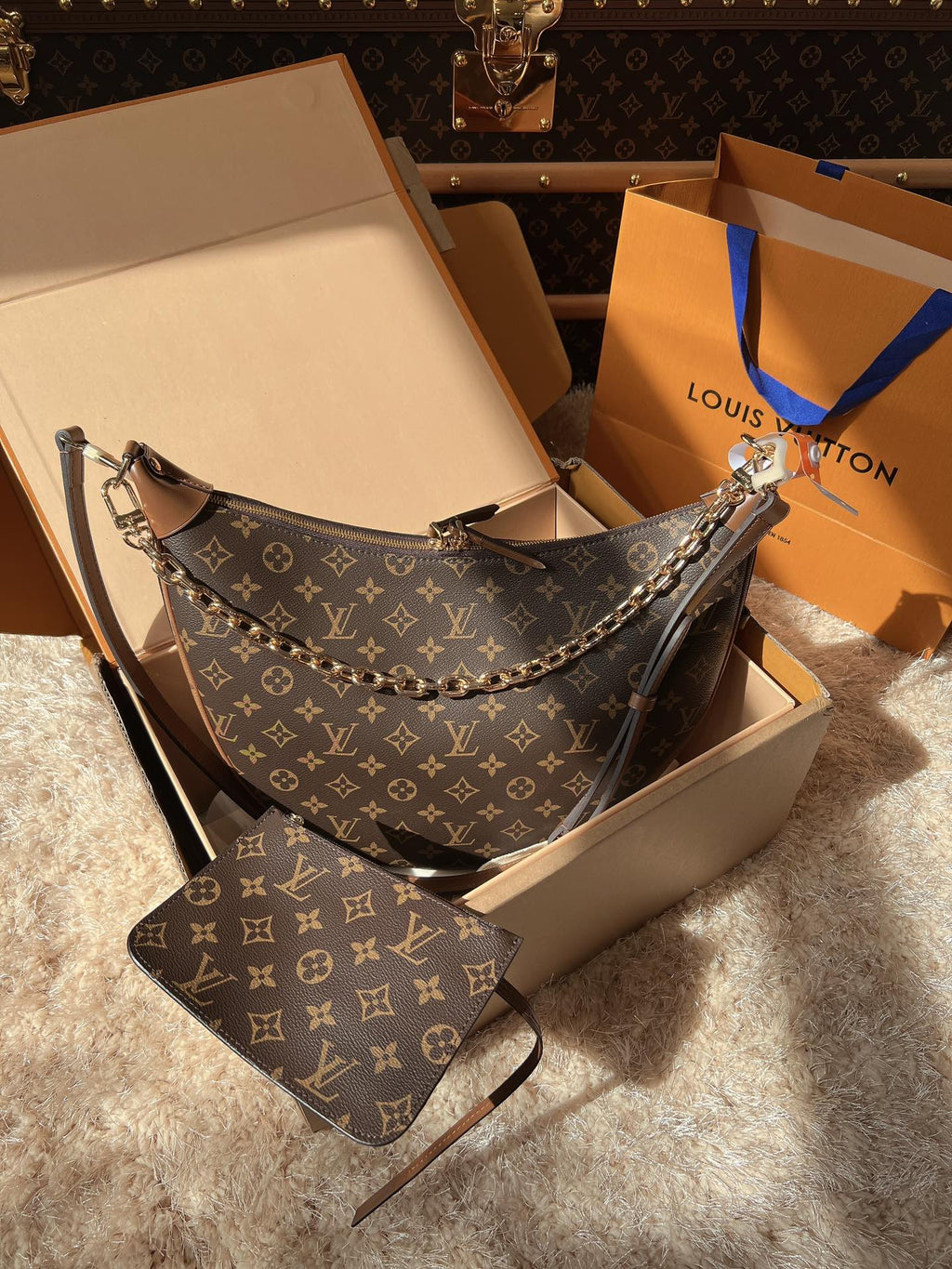 LV Loop Monogram Canvas Hobo Shoulder Crossbody Bag with Chain Detail (38 x 26 x 10) cm