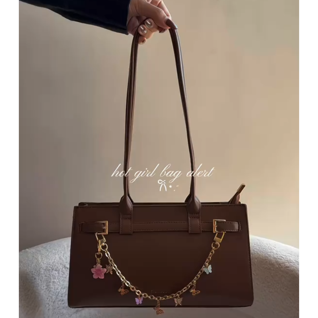 Mossdoom Aurelia Leather Handle Shoulder Bag with Custom Flower Chain (29.7 x 16.5 x 9.5) cm